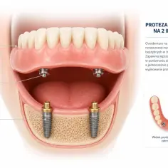 Proteza overdenture na 2 implantach, z zatrzaskami kulowymi, zapewnia stabilność i komfort.