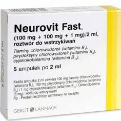 Opakowanie leku Neurovit Fast, roztwór do wstrzykiwań, zawierające witaminy z grupy B, wspierające mięśnie. 5 ampułek po 2 ml.