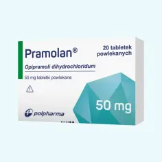 Opakowanie leku Pramolan 50 mg. Stosowany w leczeniu, może wpływać na wagę, choć nie jest lekiem na chudnięcie.