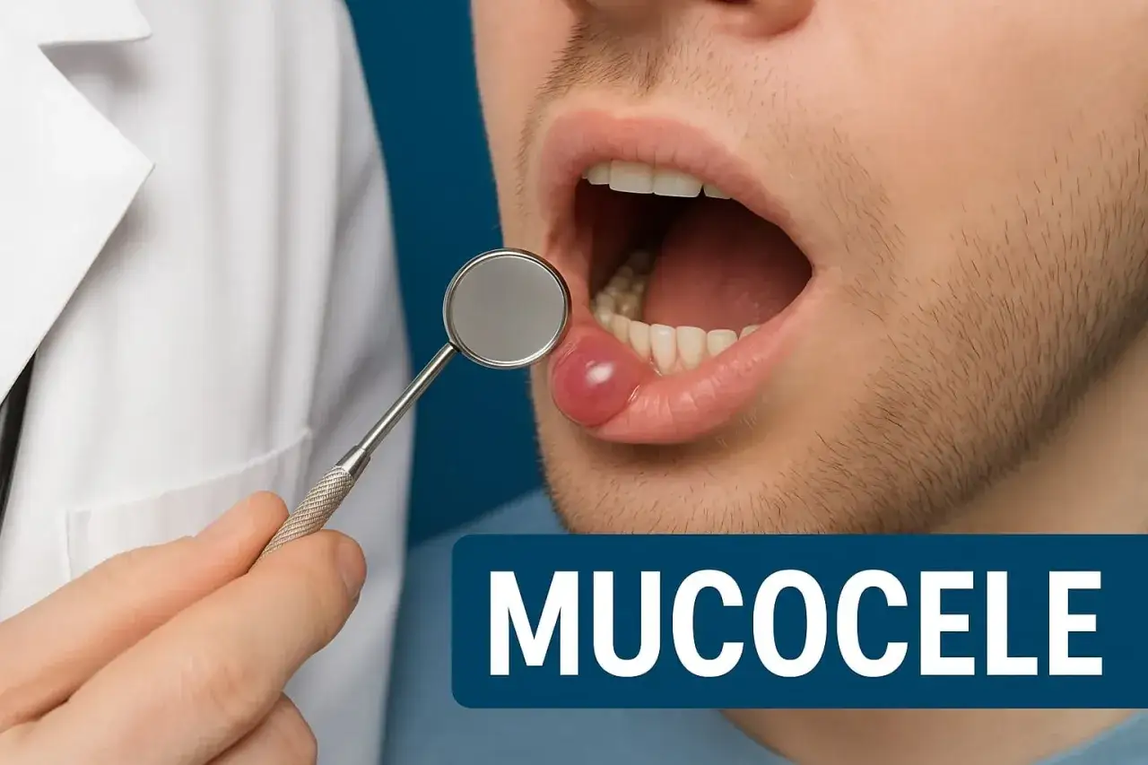 Widoczna jest duża, różowa kulka na ustach, badana przez dentystę lusterkiem.