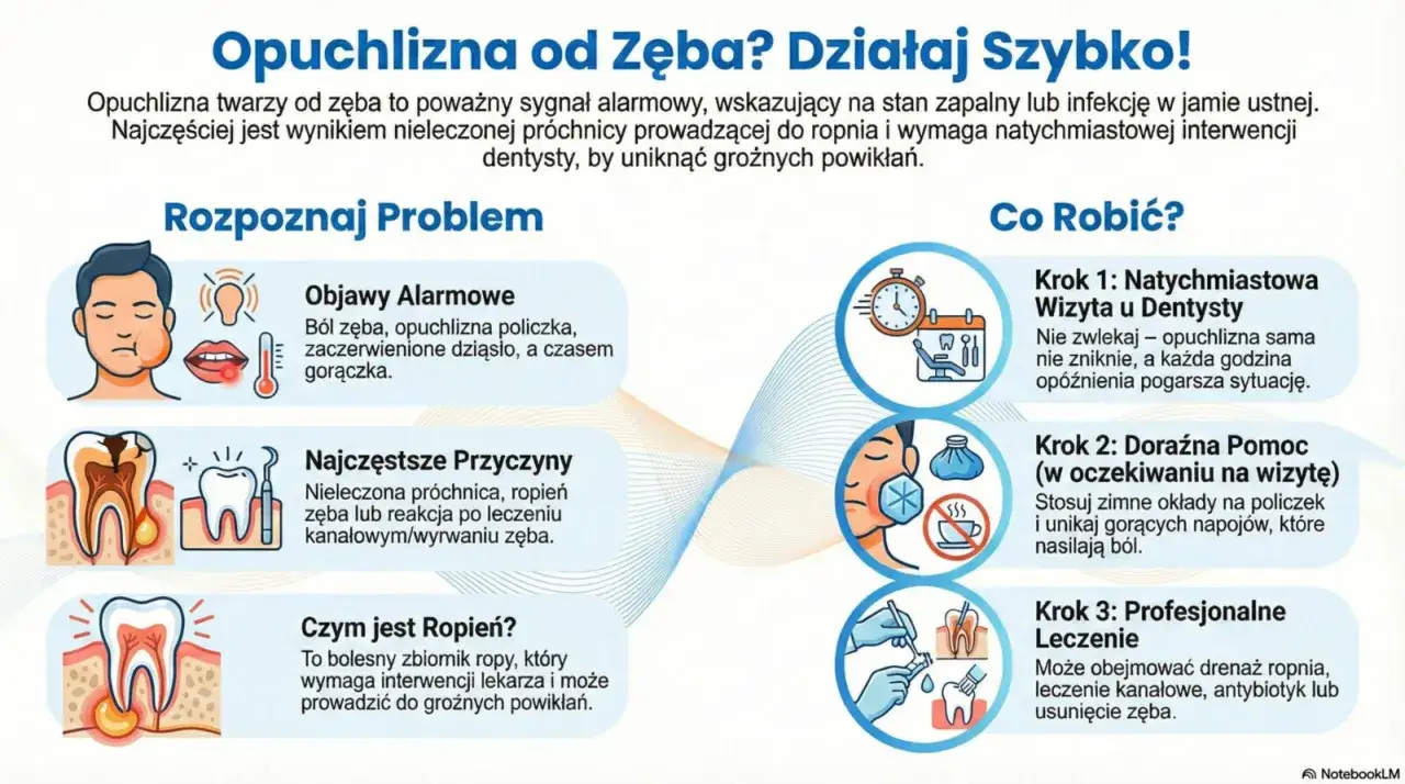 Opuchlizna od zęba? Objawy, przyczyny i co robić. Domowe sposoby na opuchnięty policzek od zęba to zimne okłady. Szybka wizyta u dentysty jest kluczowa.